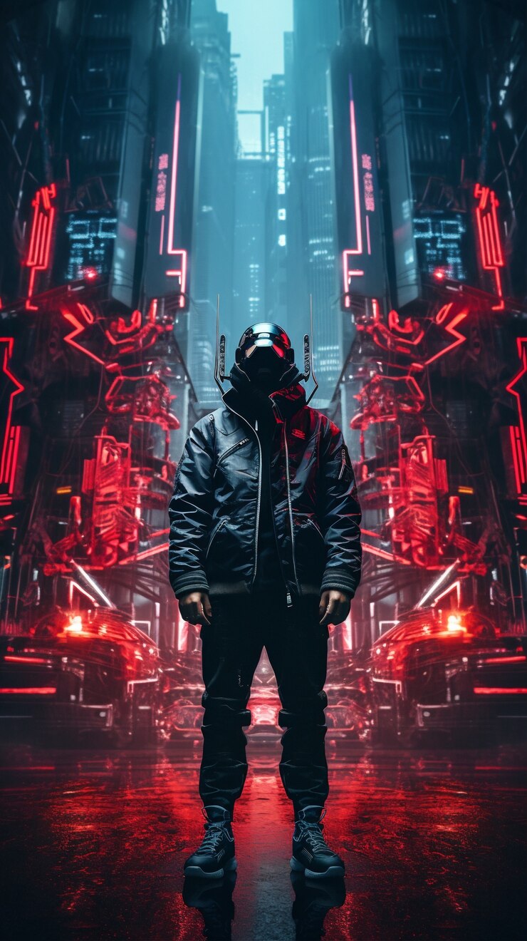 Foto gratuito guerrero cyberpunk en el paisaje urbano