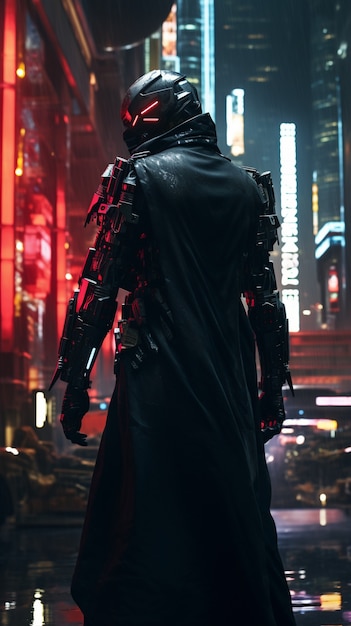 Guerrero cyberpunk en paisaje urbano