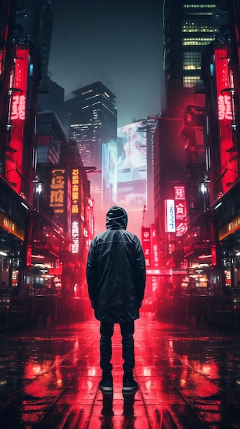 Foto gratuita guerrero cyberpunk en paisaje urbano