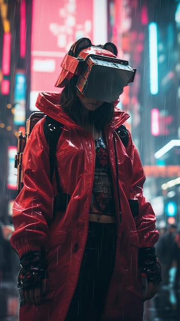 Guerrero cyberpunk en paisaje urbano