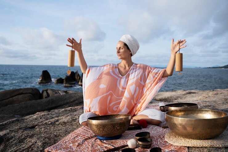 Guía de meditación de tiro completo con herramientas en la playa.