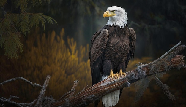 Águila calva posada majestuosamente en la rama de un árbol IA generativa