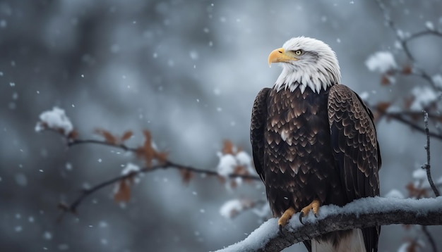 Águila calva posada en una rama en la nieve generada por IA