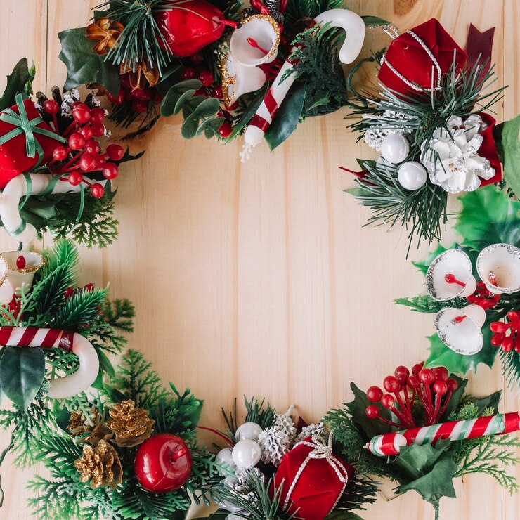 Foto gratuito guirnalda de navidad en mesa de madera