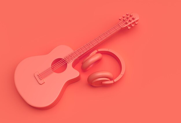 Guitarra acústica de renderizado 3D con auriculares de música Diseño de ilustración 3d.