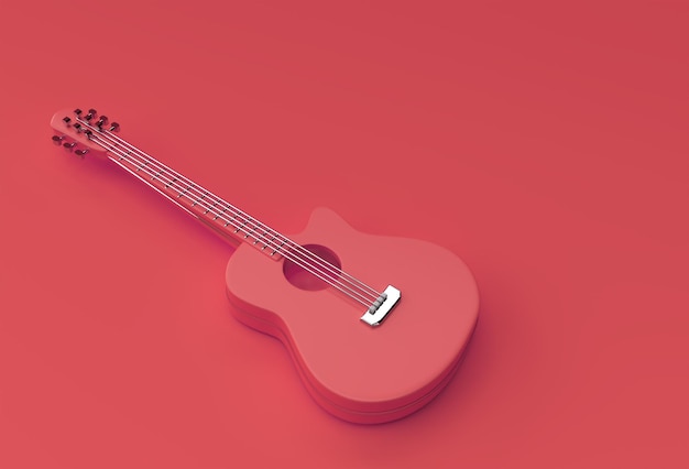 Guitarra acústica de renderizado 3D sobre fondo rojo Diseño de ilustración 3d.