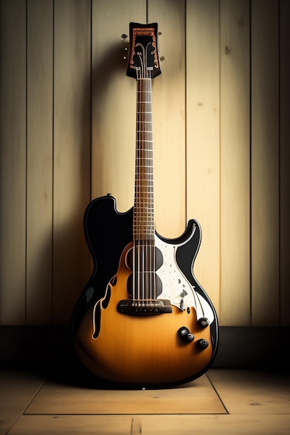Foto gratuita una guitarra con cuerpo negro y cuerpo blanco con ribete dorado.