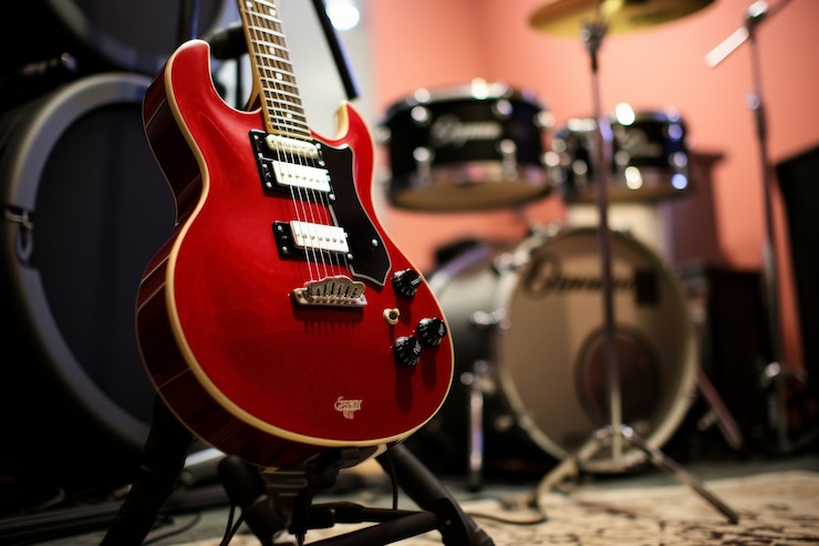 Foto gratuito guitarra eléctrica fotorrealista y naturaleza muerta