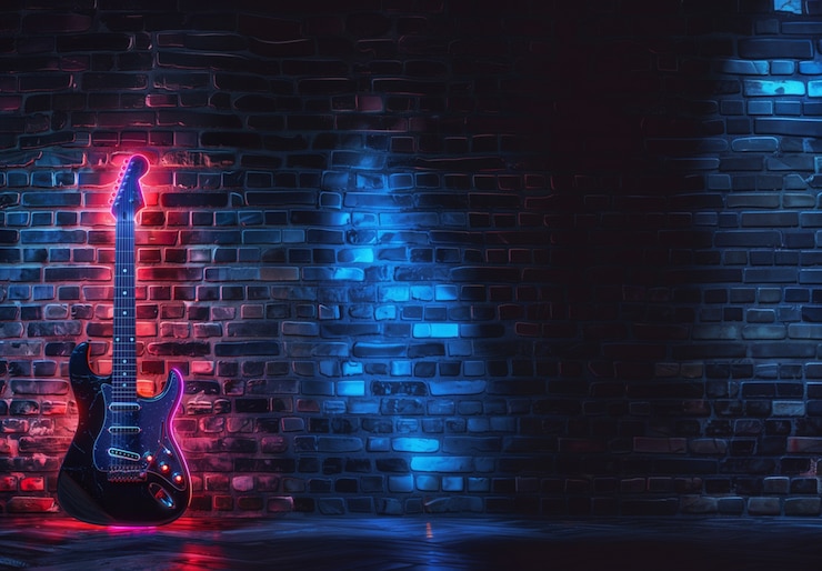 Foto gratuito guitarra eléctrica con luz de neón