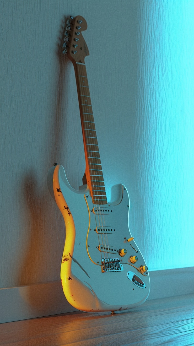 Foto gratuito guitarra eléctrica con luz de neón