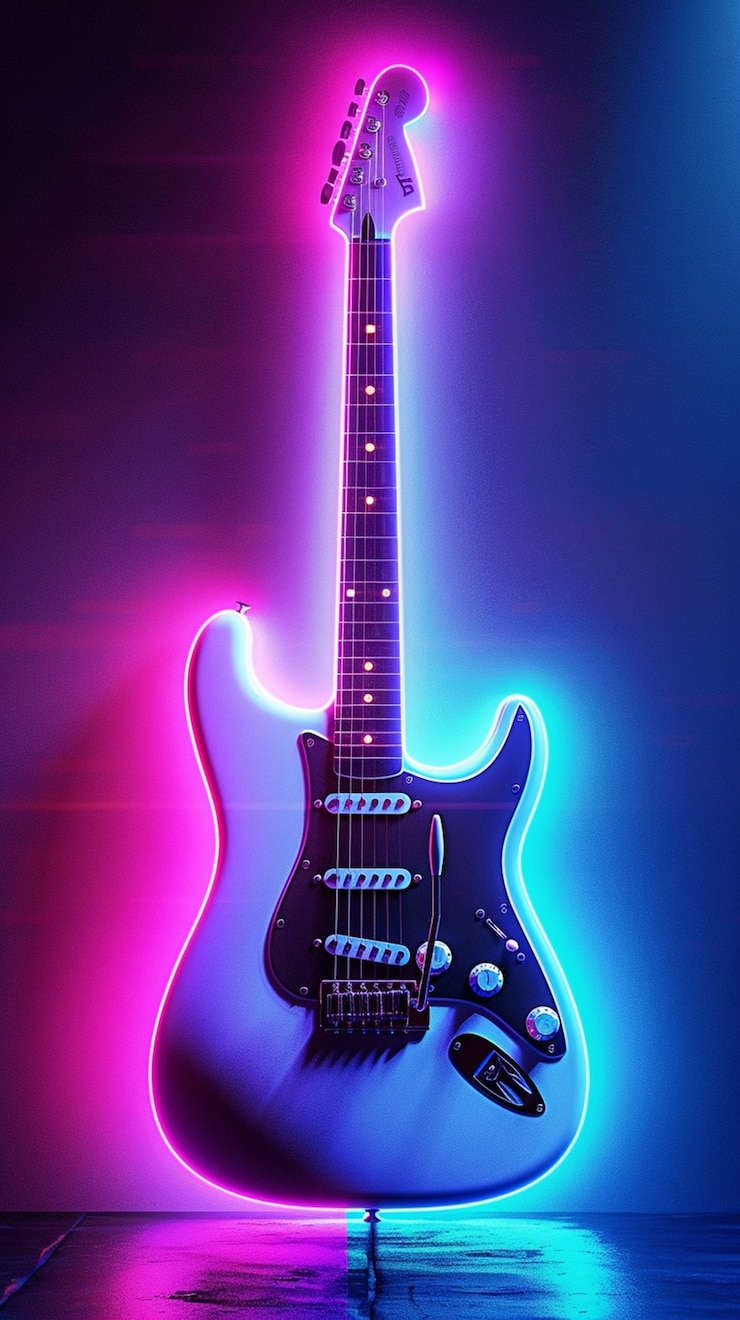 Foto gratuito guitarra eléctrica con luz de neón