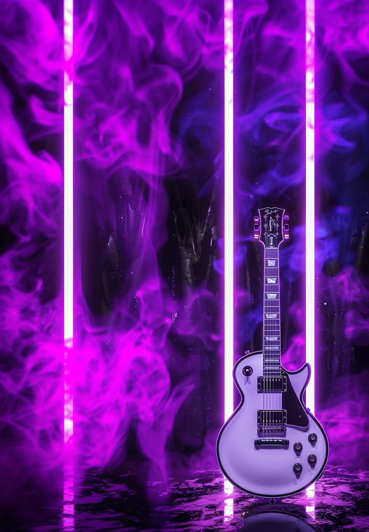 Foto gratuito guitarra eléctrica con luz de neón