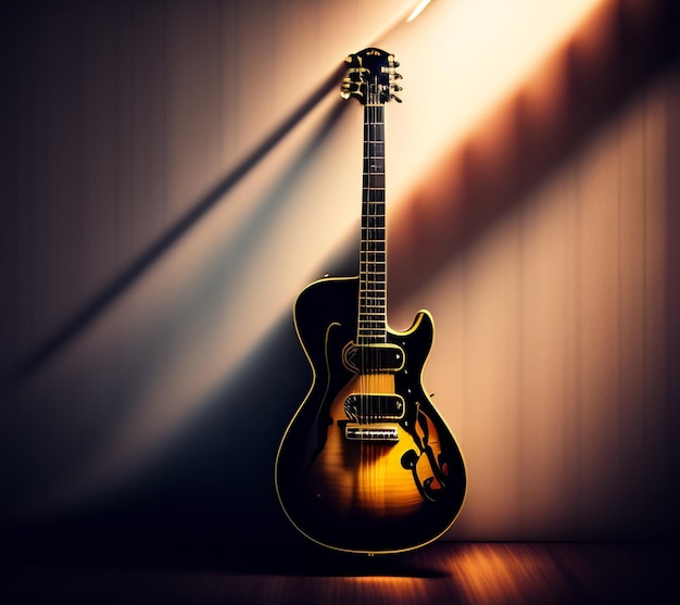 Una guitarra está frente a una pared con una luz detrás.