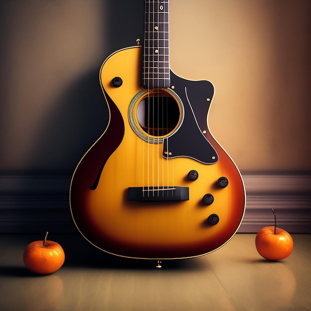 Foto gratuita una guitarra está frente a una pared con naranjas.