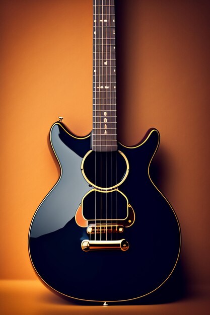Una guitarra negra con la palabra guitarra en el costado.