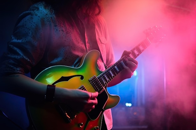 Guitarrista tocando la guitarra en un concierto iluminado con luces de neón Ai generativo