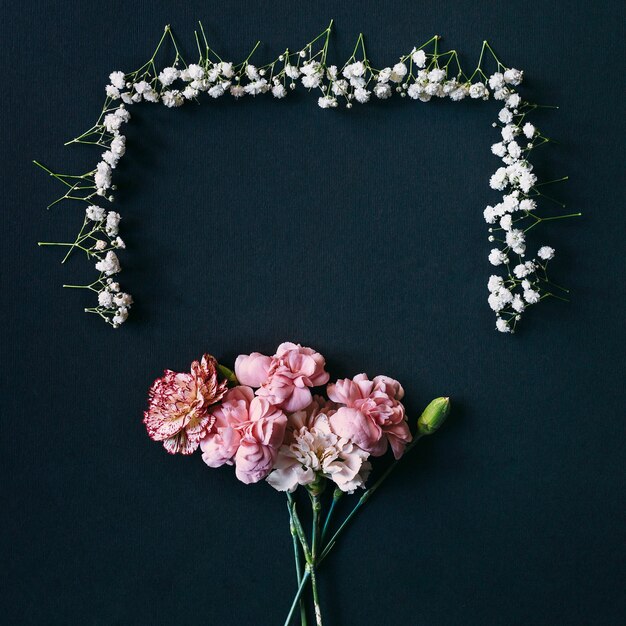 Gypsophila y flores de clavel con bud dispuestas sobre fondo negro