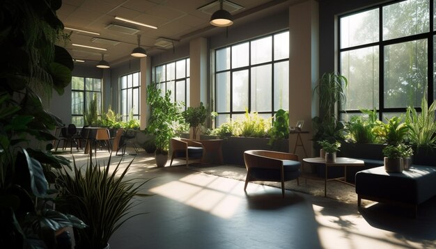 Una habitación grande con muchas plantas en el suelo y una ventana grande con el sol brillando sobre ella.