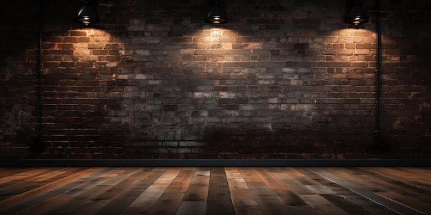 Foto gratuita habitación grande con pisos de madera oscura y una pared de ladrillo negro con textura