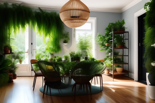 Una habitación con una mesa y sillas con plantas.