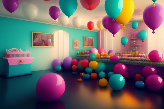 Una habitación con un montón de globos de colores y una foto de una mujer con un globo rosa y amarillo.