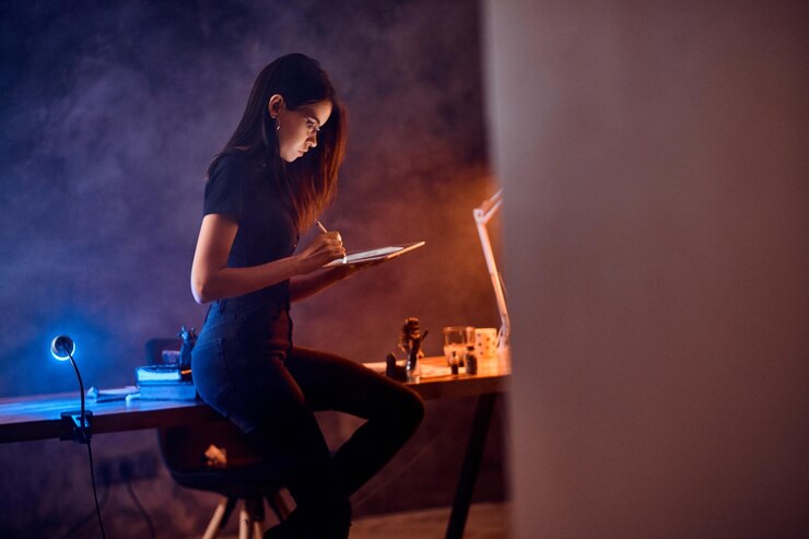 Foto gratuito en una habitación oscura, la hermosa joven gfirl está haciendo bocetos creativos para el nuevo espectáculo de marionetas.