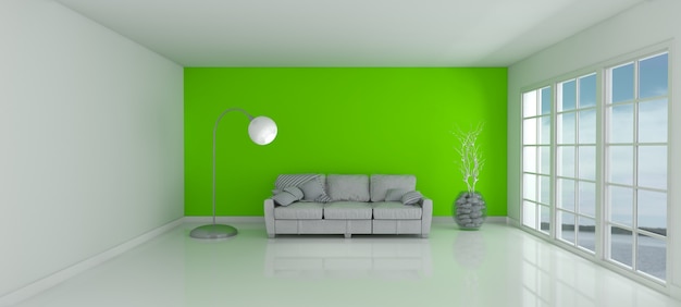 Habitación con una pared verde y un sofá