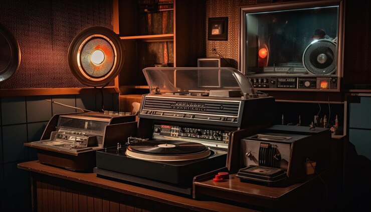Foto gratuito una habitación con un tocadiscos y un televisor en la pared.