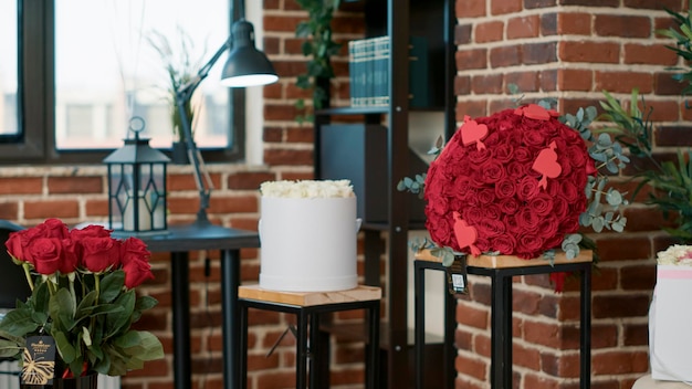 Habitación vacía con ramo de flores para el evento del día de San Valentín, celebrando unas vacaciones románticas con rosas rojas en cajas y dulces regalos. Nadie en el espacio con regalos para expresar amor y pasión.