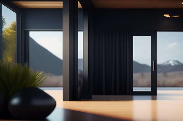 Una habitación con ventana y una planta sobre la mesa.
