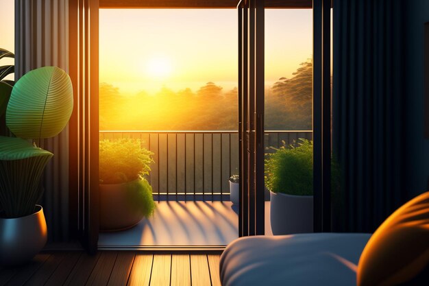 Una habitación con vista y una ventana con una puesta de sol de fondo.
