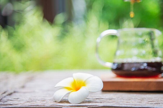 Hacer café por goteo en una cafetería vintage con jardín verde naturaleza