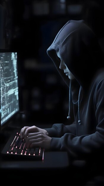 Foto gratuita hacker anónimo con capucha robando información de la computadora fondo oscuro