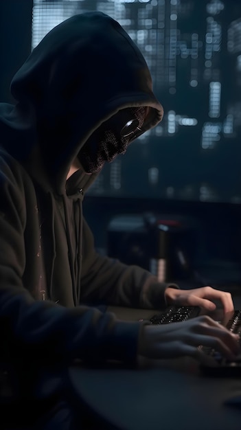 Foto gratuita hacker con una capucha robando datos de un monitor de computadora por la noche