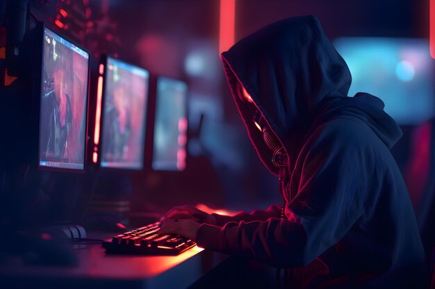 Hacker con capucha robando información del monitor de la computadora Concepto de crimen cibernético