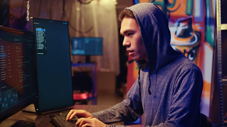 Foto gratuito hacker emocionado después de desarrollar un exploit