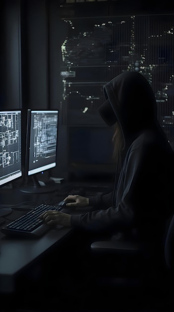 Hacker encapuchado frente a un monitor de computadora en una habitación oscura