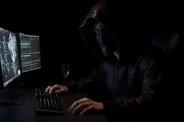 Foto gratuita un hacker encapuchado robando datos de una computadora en un fondo oscuro