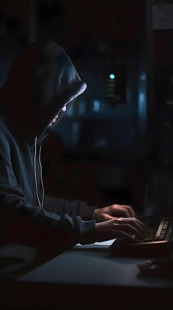 Foto gratuita un hacker encapuchado robando datos de una computadora en una habitación oscura