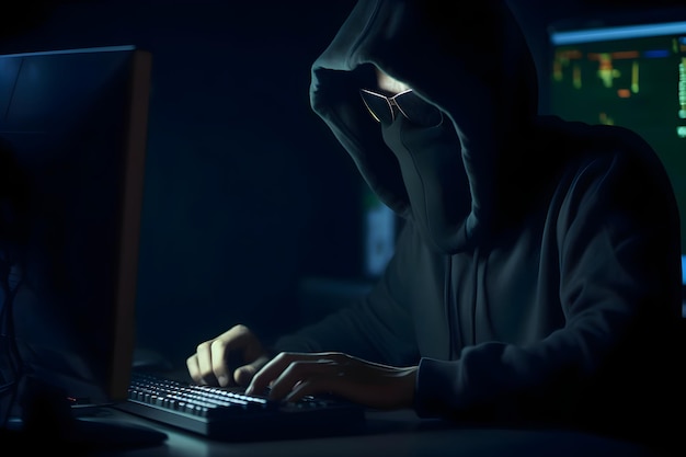 Foto gratuita hacker encapuchado robando datos de una computadora por la noche concepto de crimen cibernético