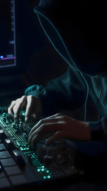 Foto gratuita hacker encapuchado robando datos de una computadora personal por la noche