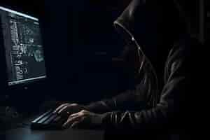 Foto gratuita un hacker encapuchado robando información de una computadora con fondo oscuro