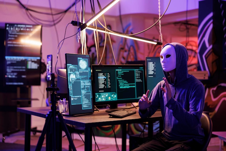 Photo Gratis hacker in anonymous mask recording video