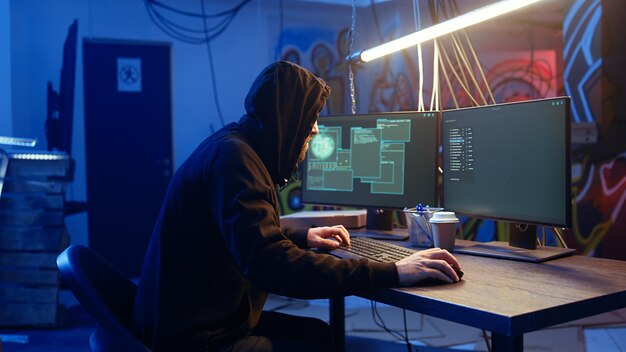Hacker llegando a la base subterránea listo para hacer sabotaje informático