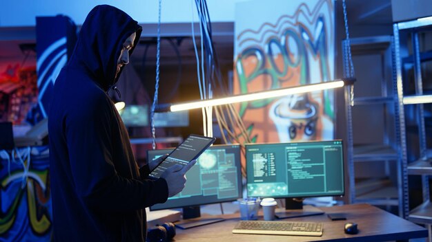 Hacker lobo solitario en el escondite tratando de evitar ser detectado usando la tableta