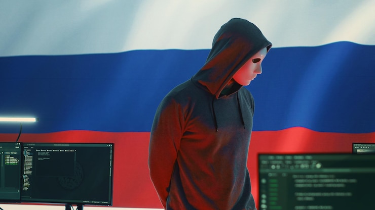 Foto gratuito hacker ruso en un entorno informático gubernamental con una bandera rusa