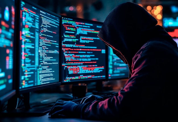 Hacker trabajando en la computadora con código