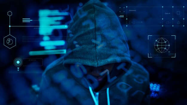 Foto gratuita hacker trabajando en la oscuridad
