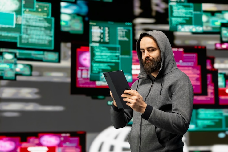 Foto gratuito hacker typing malicious code to exploit it security systems and breach firewalls