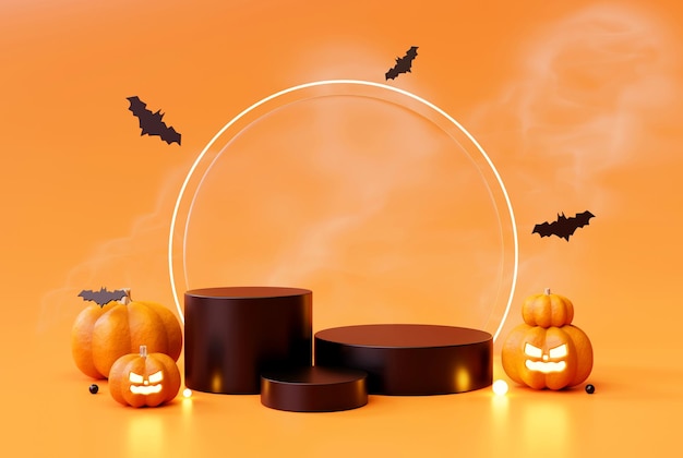 Halloween con humo de nube y exhibición de producto de pedestal de podio negro de calabaza para colocación de producto b